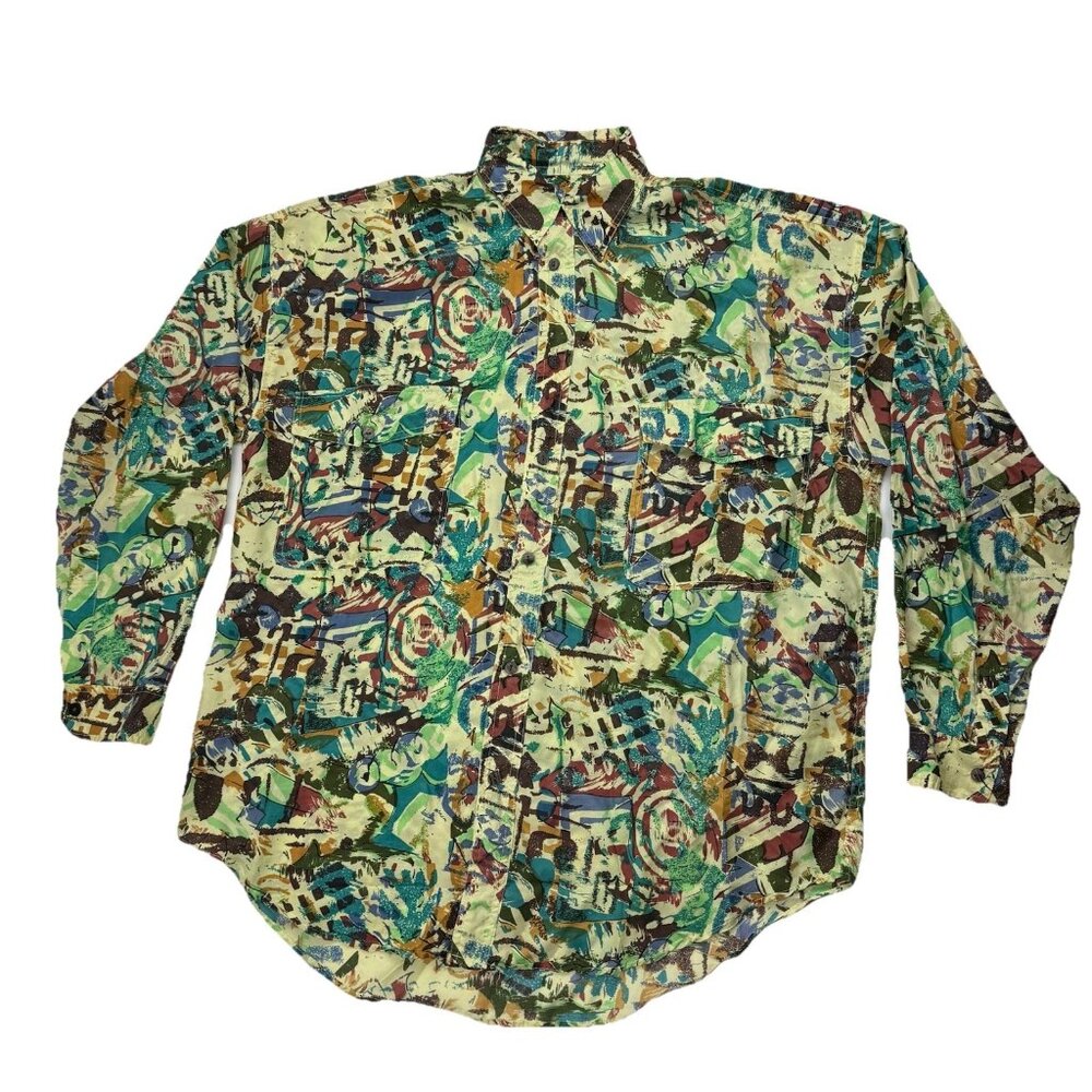 Vintage SUBSTUDIO Mens S Green Abstract Art Silk Button Up Long Sleeve Shirt 90s